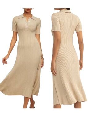 Samsoe Samsoe Lucy Ribbed Midi Dress Beige Polo Knit XXS Neutral Minimalist